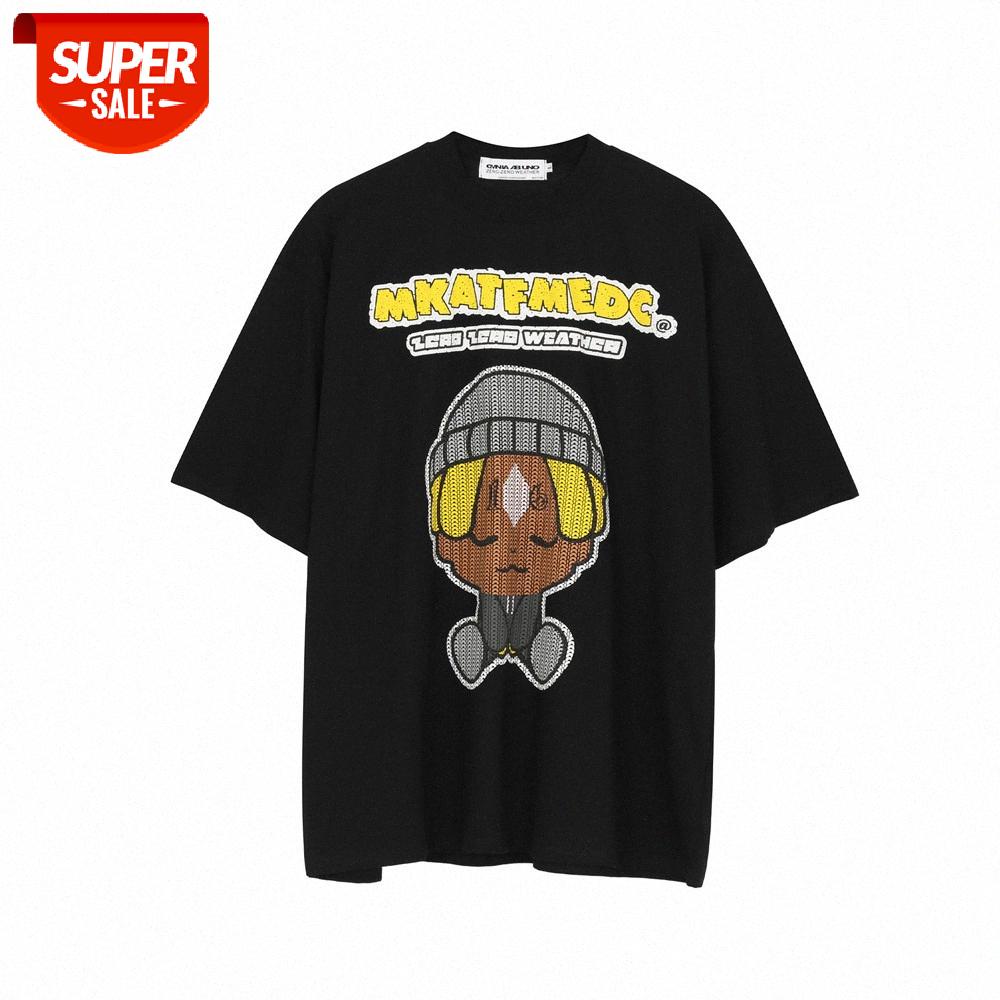 

Anime printed short-sleeved T-shirt men's street loose half-sleeved round neck five-point sleeves #kp3H, White;black