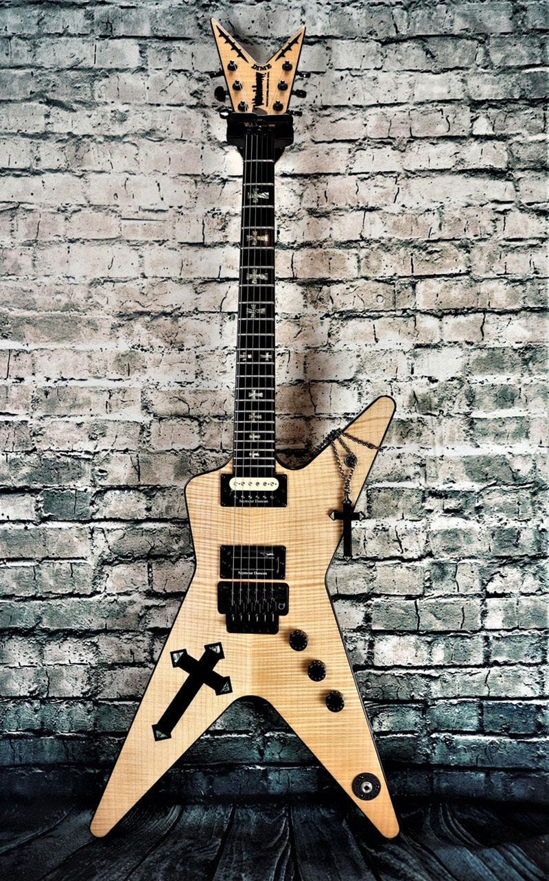 

Southern Cross Dimebag Darrell 333 Natural Flame Maple Electric Guitar Abalone CrossInlay, Floyd Rose Tremolo Bridge & Whammy Bar, Black Hardware, No Inlay on 1st Fret