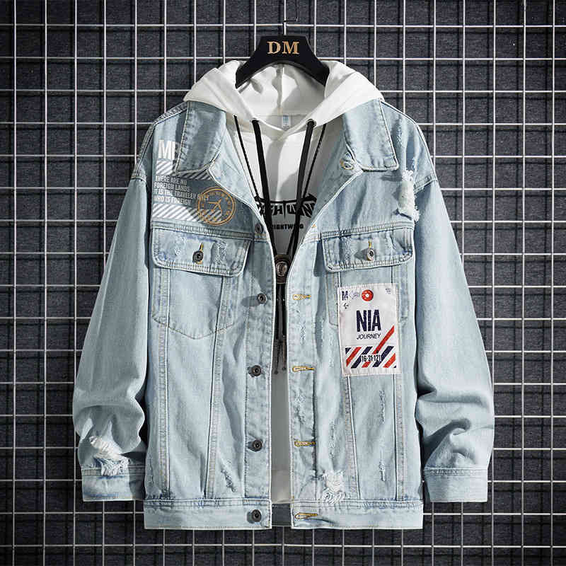 

men's jackets jaqueta jeans masculina com estampa de buraco, jaqueta casual manga longa botÃ£o fora para homens, casaco solto azul 70h2, Black;brown