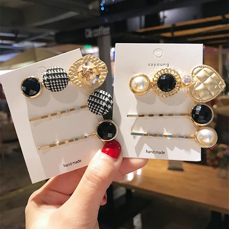 

Hair Clips & Barrettes 1Set 3pcs Pearl Women Barrette Set Fashion Houndstooth Button HairPins Girl Metal Heart Star Crystal Hairpin, Golden;silver