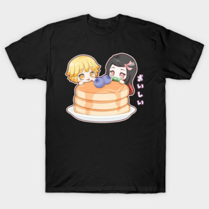 

R1 Cute Chibi Zenitsu Nezuko Pancake Kimetsu No Yaiba Demon Slayer Black T-Shirt, White;black
