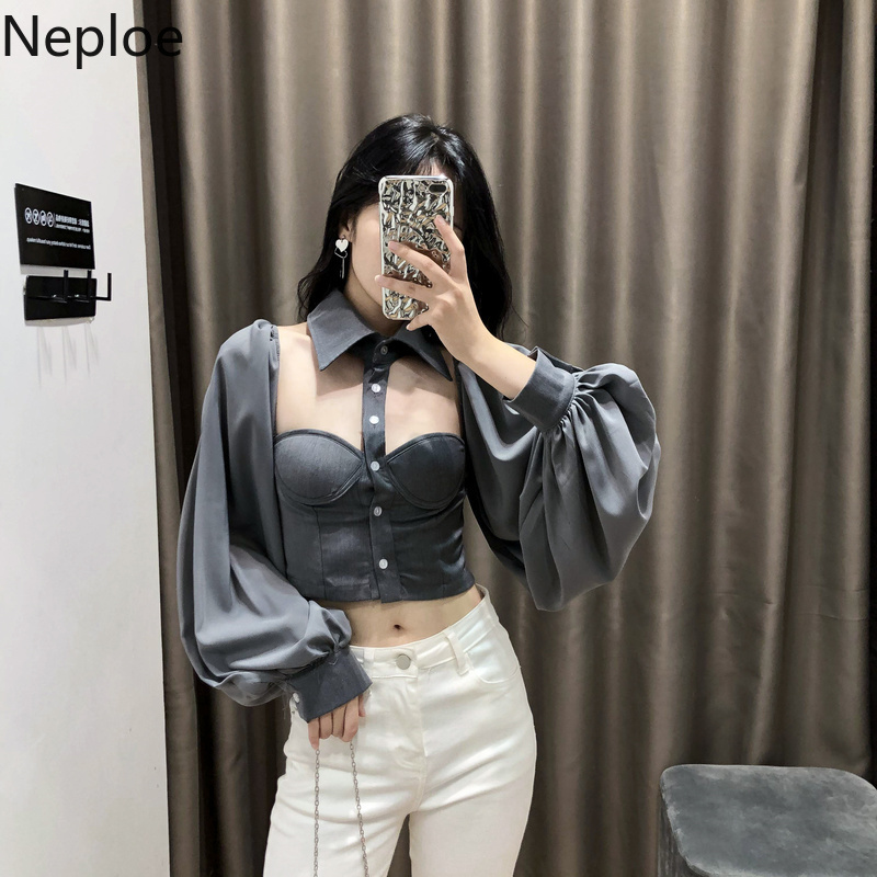 Neploe Sexy Lady Shirts Women Halter Blackless Crop Tops Blusas Mujer De Moda Slim Fit Lantern Sleeve Chic Short Blouses 210422