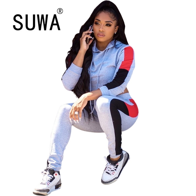 

Red Black Striped Printed Tracksuit Women 2 Piece Set Long Sleeve Hoodies Sweatshirt And Jogger Trousers Wholesale Clothing 210525, Gray