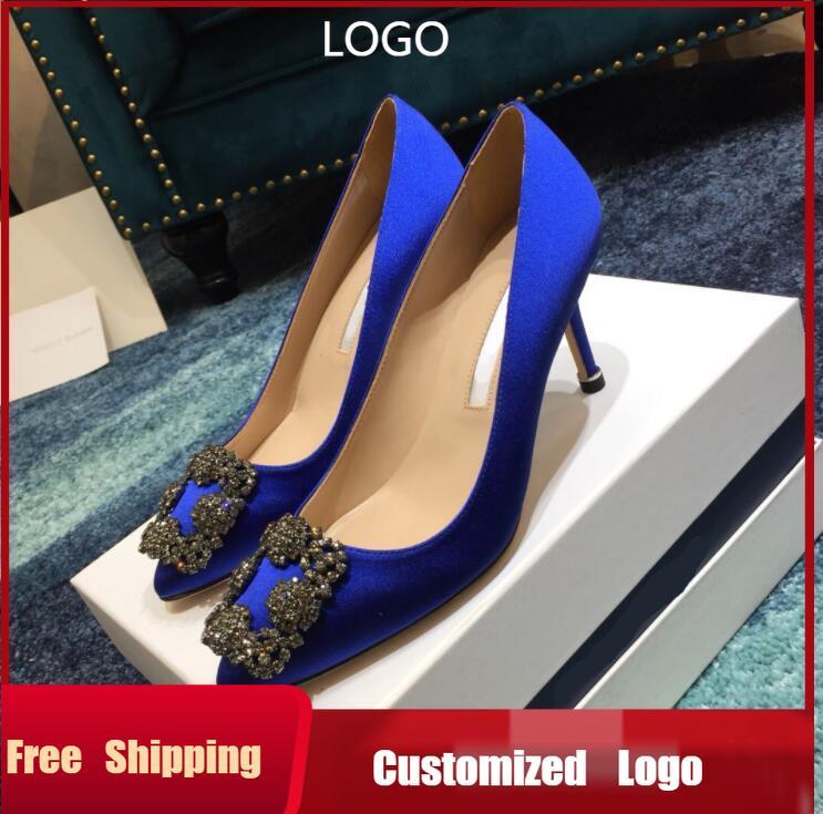 Chaussures de robe Marque MB Sexy Pompes Femmes High Heel High Talon 10cm Spring Clear Strass Talons Square Boucle Satin Satin Womens Mariage 35-