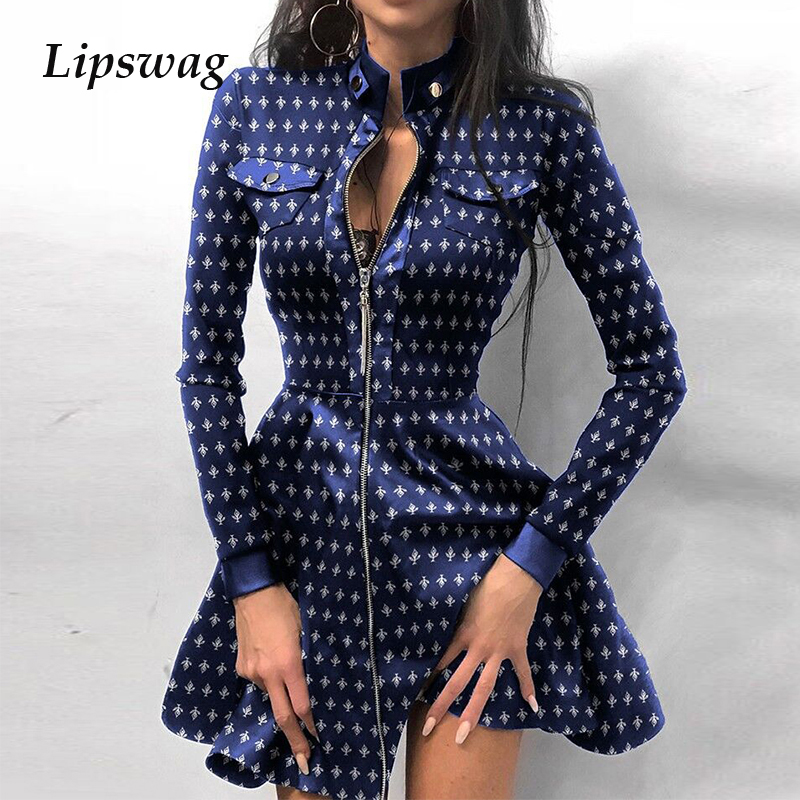 

Women Elegant A-Line Dress Fashion PU Leather Stand Collar Party Dress Female Autumn Wave Point Print Long Sleeve Mini Dress, Plaid