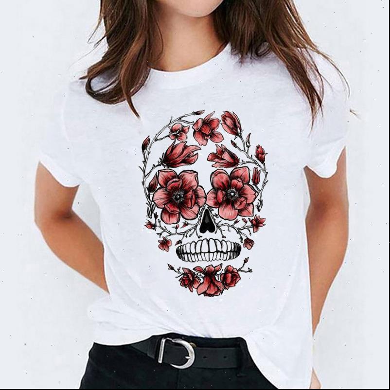 

90s cute floral plant women t shirts skull face halloween print tee graphic, White