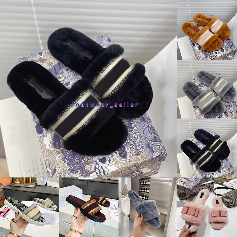 

Dway Fur Slippers For Womens Winter Warm Slides Fashion Luxury Brand D10R furry fluff Home Outdoor Designer Slide Size 35-41 Fluffy Soft Loafers Sandals, 15