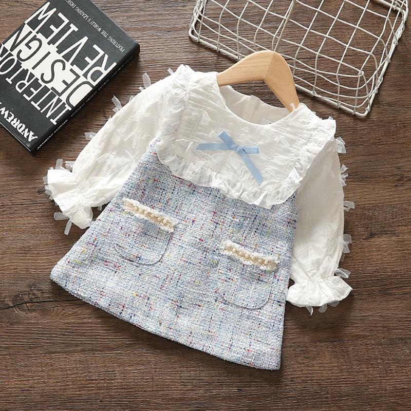 

Girl's Dresses Kids Clothes Spring Autumn Pearls Patchwork Baby Girls Dress Korean Style Girl Long Sleeve Cute With Bow 0-4Y, Blue