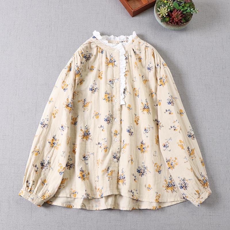 

Women's Blouses & Shirts 2021 Spring Women Blouse Japan Style Mori Girl Floral Print Shirt Double Cotton Yarn Lace Stand Collar Tops, Beige