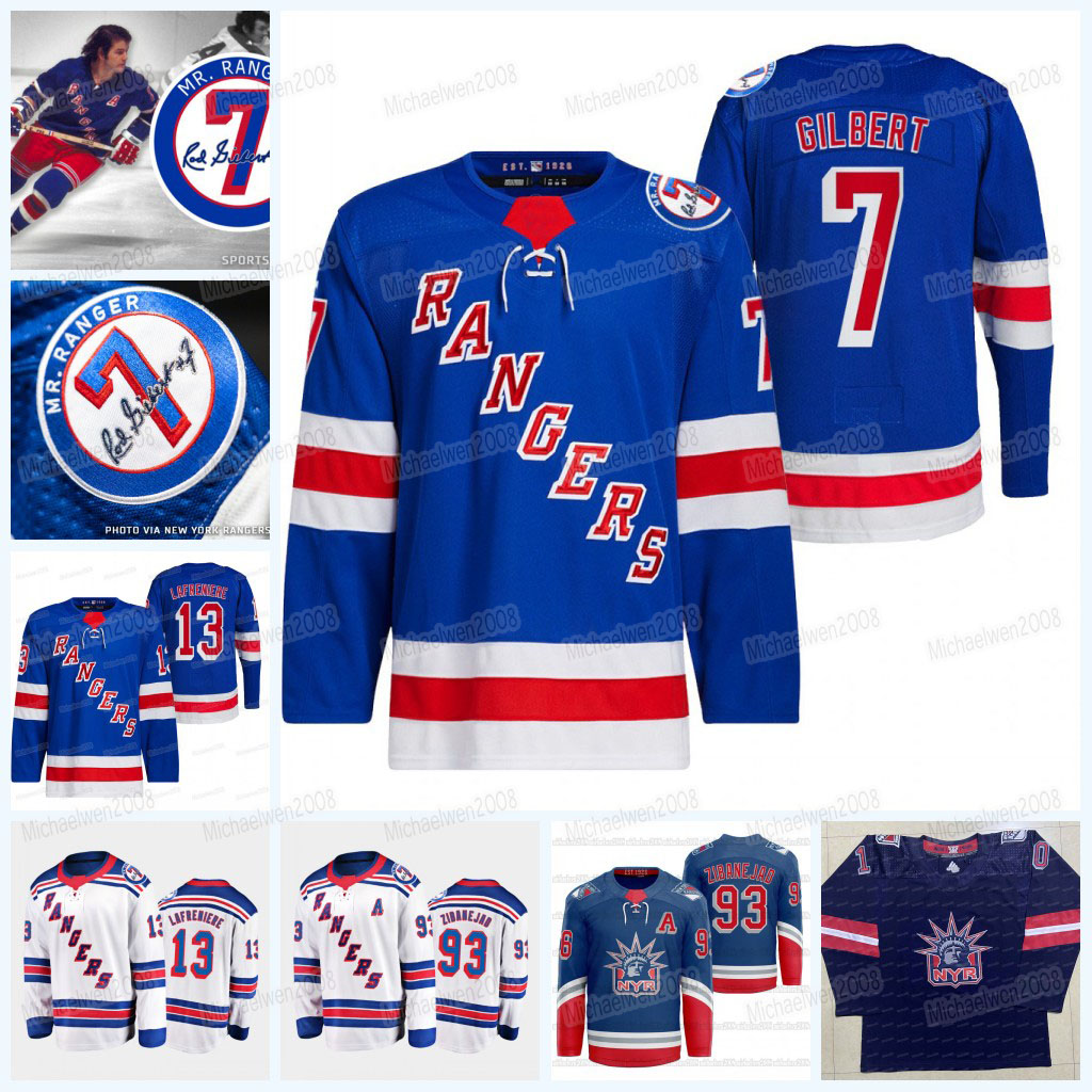 

New York Rangers 2021-22 Home Hockey Jersey 7 Rod Gilbert Memorial Patch Alexis Lafreniere Mika Zibanejad Ryan Strome Sammy Blais Artemi Panarin Ryan Reaves, Men