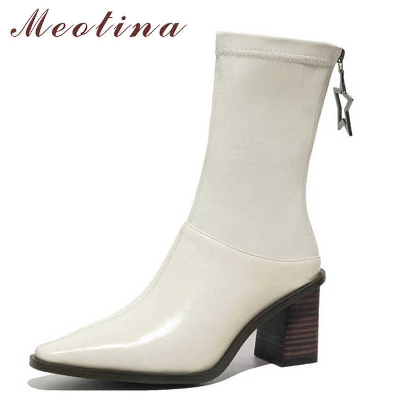 

Meotina Real Leather High Heel Mid Calf Boots Women Shoes Pointed Toe Block Heels Zipper Metal Decoration Boots Lady Autumn 40 210608, Black