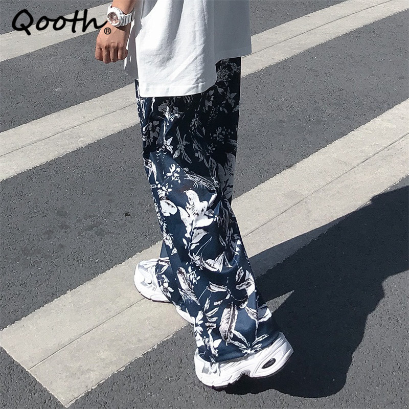 

Qooth Retro Straight Printed Floral Pants Dark Blue Spring Wide Leg Pants Womens Long Casual Vintage Flexible Waist Pants QT602 210518