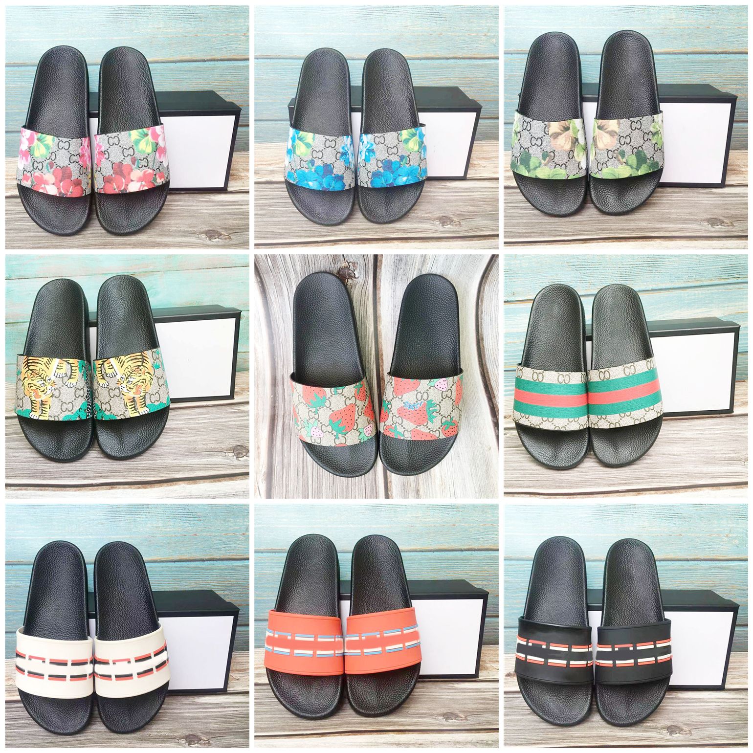 

2021 Mens Womens Summer Sandals Beach Slide Home Slippers Ladies Flat Sliders Trendy Shoes Print Leather Rubber Flowers Bee Arrow Strawberry, Black