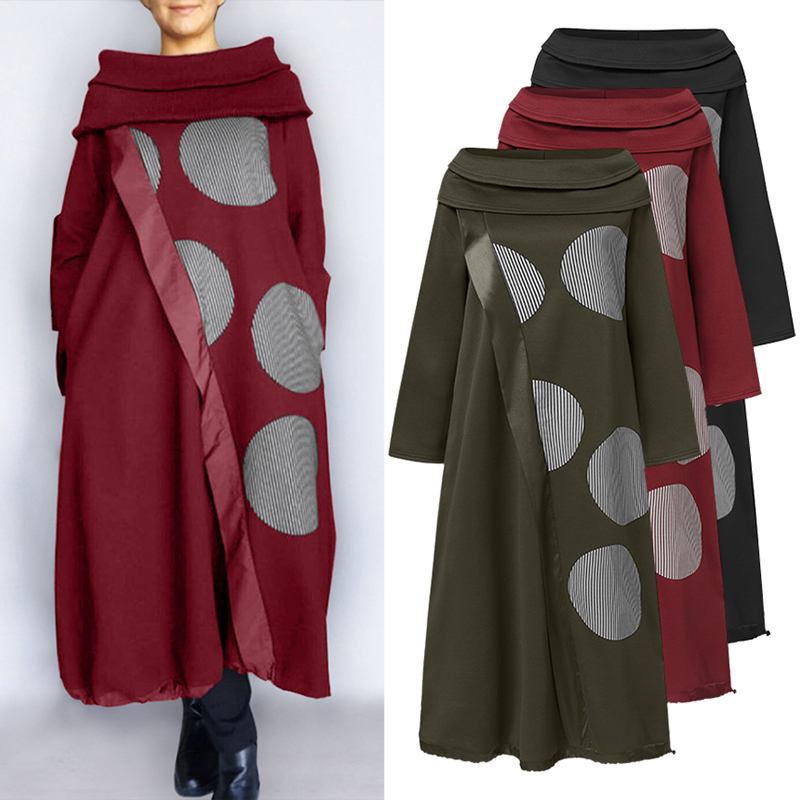 

2021casual sweatshirt dress women elegant dress 2021 vonda female vintage dot print patchwork jumper dress pullover plus size, Black;gray