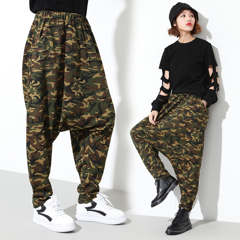 

pants trousers 17818# fashion brand large size personalized big crotch harun print camouflage hip hop women's wear, Black;white