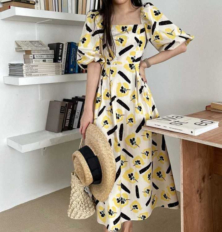 

Korean Temperament Floral Printed Dress Summer Women Vintage Puff Sleeve Elegant Casual Boho Dresses Vestidos 210526, Photo color