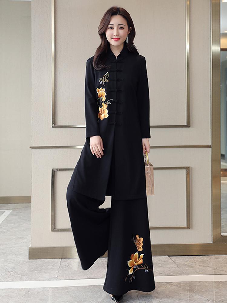 

Women's Two Piece Pants Chinese Style Set Women Fashion National Embroidered Wide Leg Clothing Vintage Plus Size Suit Conjuntos De Mujer, Black