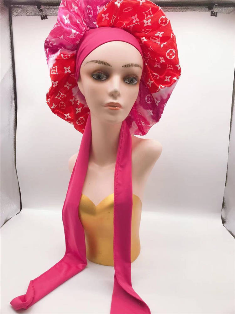 

114 Whole Designer Letters Print Lace Up Shower Caps Wide Brimmed Bath Hat Waterproof Silk Satin Hair Care Bonnets Round Fi, #1