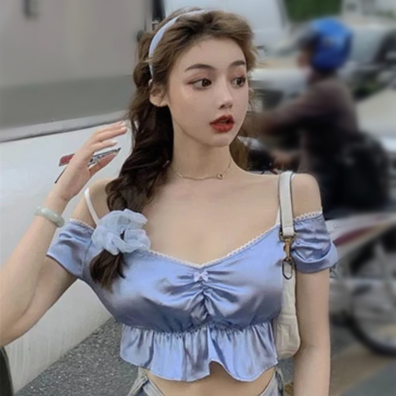 

Summer Fashion Slim Bowknot Camisole Sexy Bubble Sleeve Bodycon Close-Fitting Suspender Blouse Cropped Top Chic Outwear 210521, Light blue