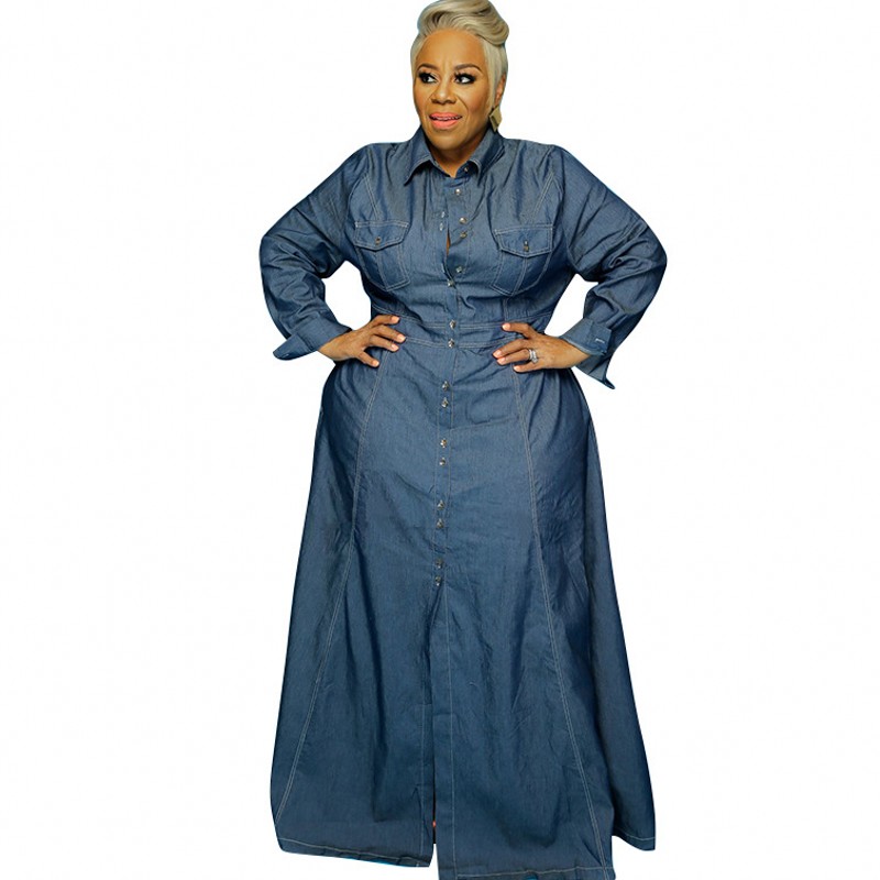 

4XL 5XL Plus Size Denim Maxi Dresses Women Long Sleeve Blue A Line Dress 2021 New Fashion Streetwear Vestidos Big Size 3XL