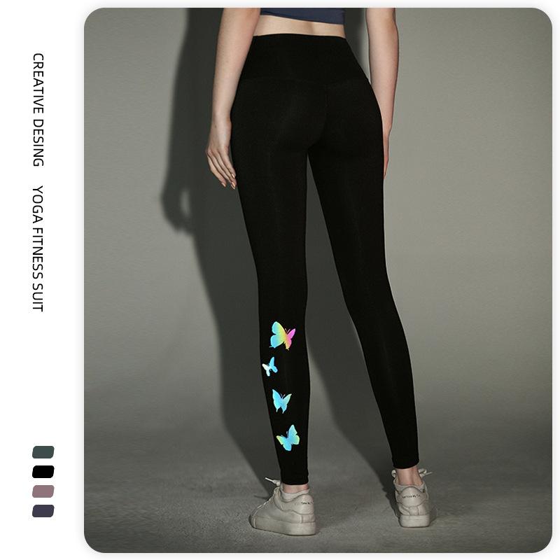 

Yoga Outfit Sports Pants Women's Clothes High Waist Hip Tight-fitting Running Reflective Butterfly Print Stretch Fitness Leggings