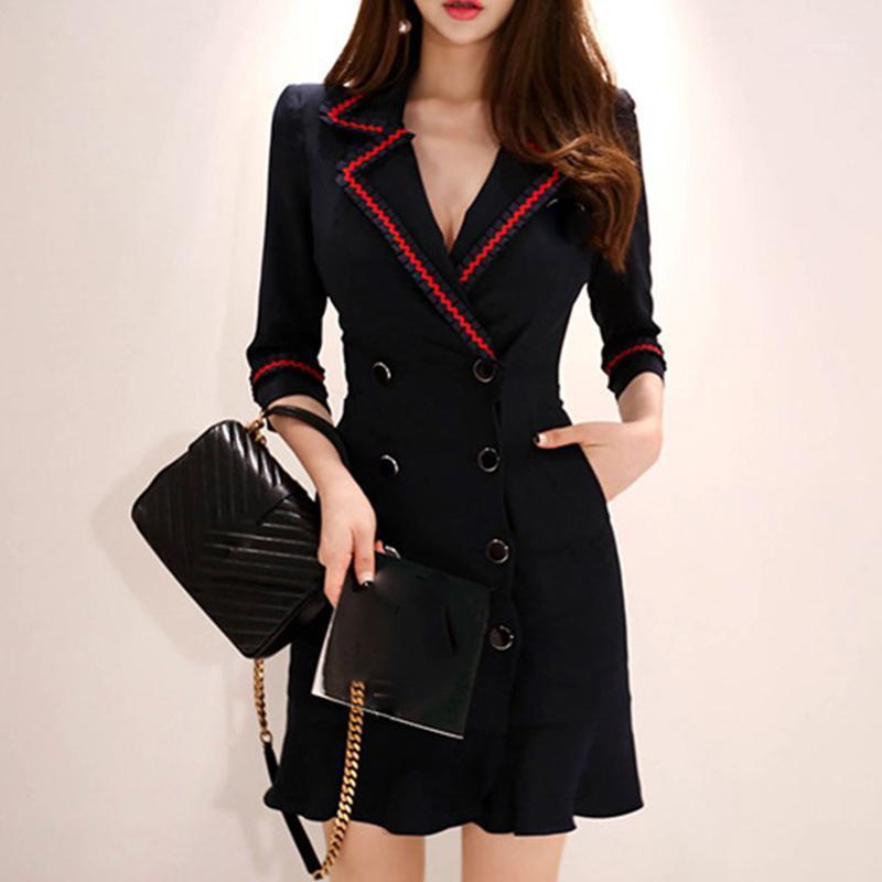 

Casual Dresses 2021 Spring Autumn Double Button Blue Office Lady Dress Elegant Long Sleeve V-Neck Warm Fashion Hip Ruffle, Black;gray