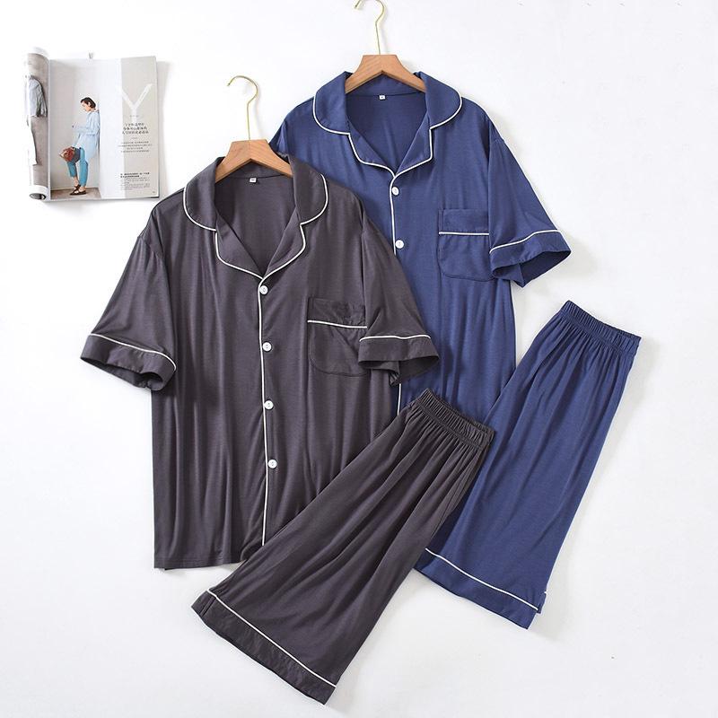 

Men's Sleepwear Summer Modal Short-sleeved Shorts Thin Cardigan Home Service Conjuntos De Pijama Large Size Loose 2-piece Pajamas, Blue