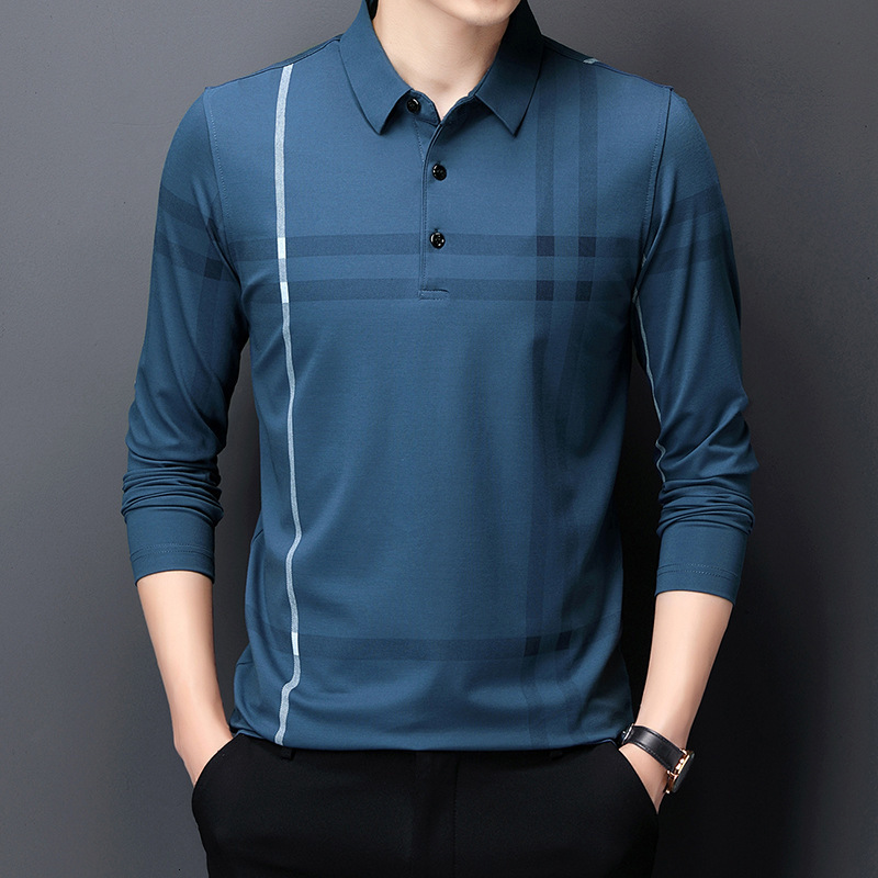 2021 Autumn Middle-aged Long Sleeve T-shirt Thin 4-color Men's Single-sided Tencel Polo