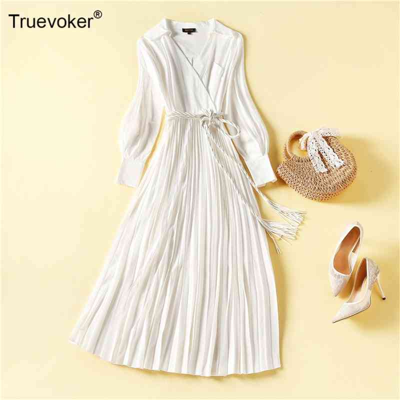 

Truevoker Runway High Street White Pleated Dres's Lantern Sleeve Turn Down Collar Draped Mid Calf Length Vestidos 210602