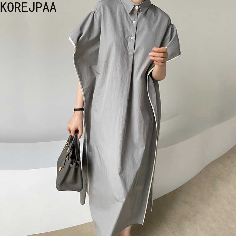 

Korejpaa Women Dress Summer Korean Chic Minimalist French Lapel Three-Button Trim Stitching Design Loose Casual Vestidos 210526, Photo color