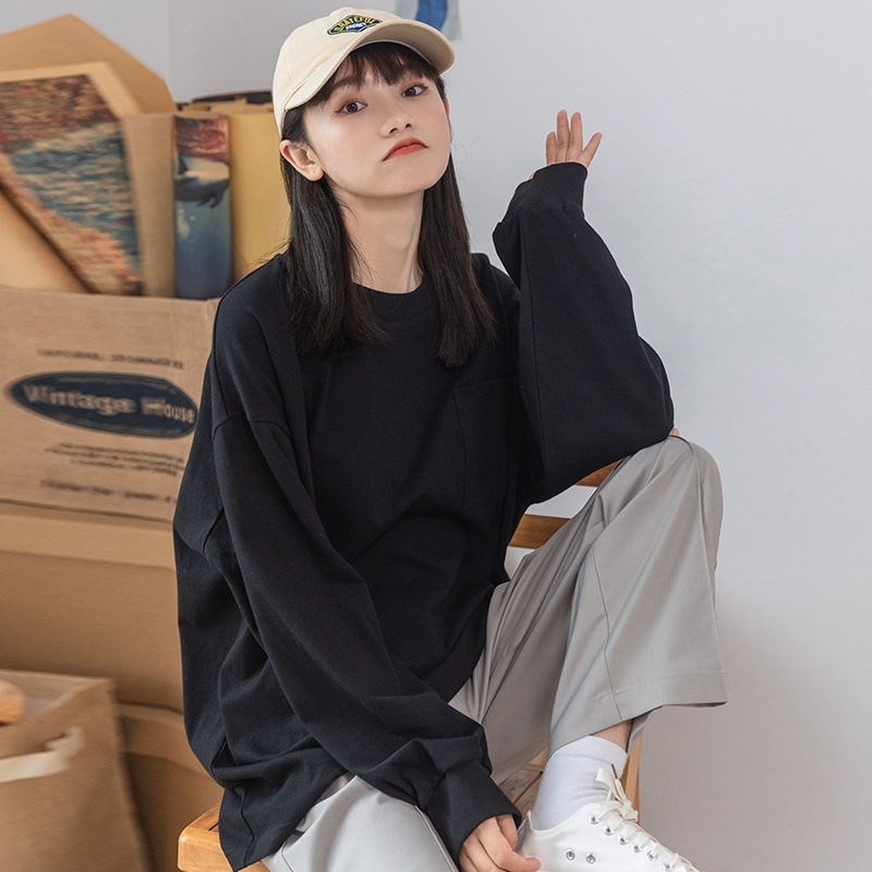 

Homemade solid round neck thin sweater women's long sleeve 2021 autumn new loose and lazy student top, White