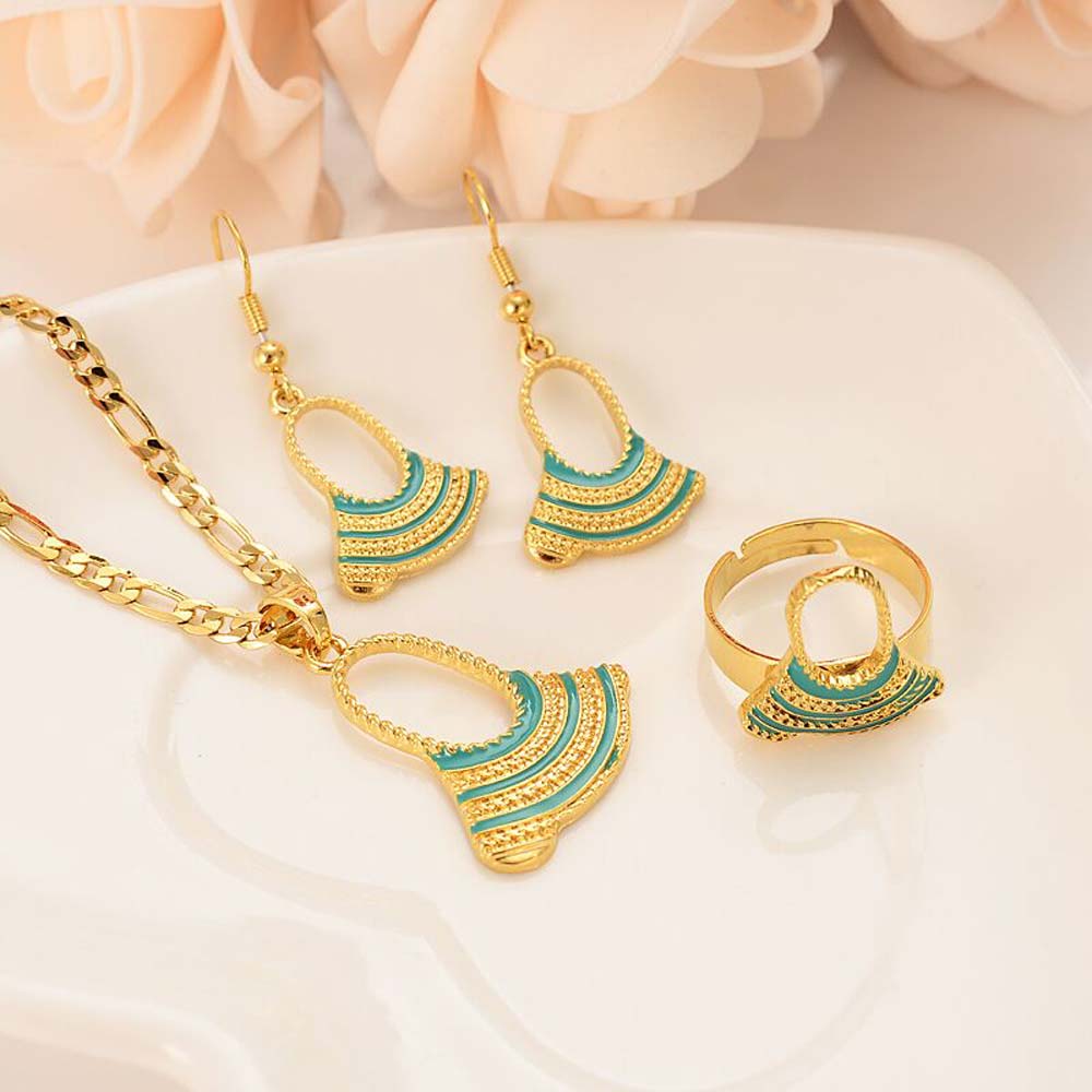 Bag Pendant Figaro Chain Earrings ring 18 K Solid Gold PNG Jewellery Set Papua Guinea party women girls gifts-image-678331574