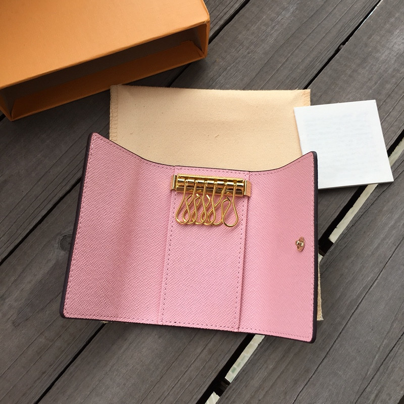 

Key Wallets M62650 Mini pouch High quality women classic 6 keys holder cover keychain men with box.dust bag card ring 5 colors womens designer keychain wallet, Brown flower+gold
