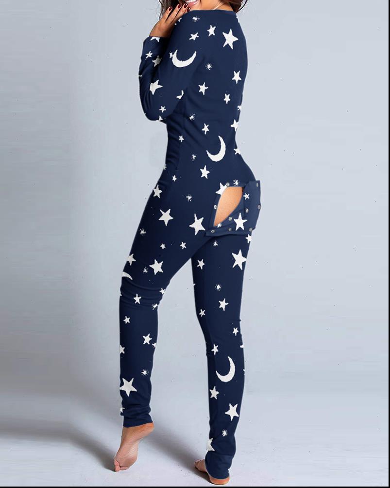 

star moon print functional buttoned women rompers flap adults pajamas club plain button design plunge lounge jumpsuit, Black;white
