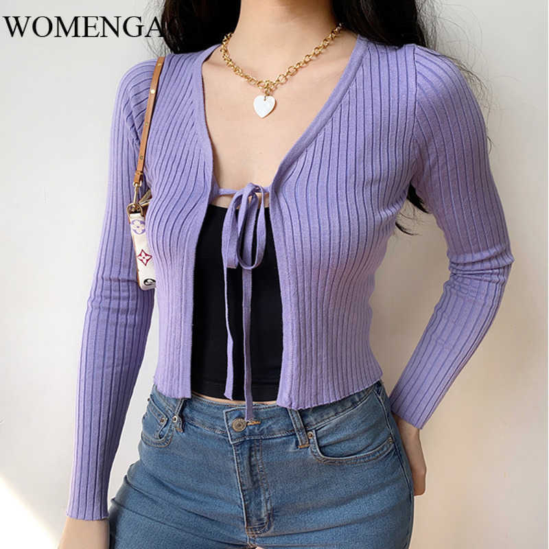 

Summer Fashion Bow Sexy Cardigan Top Purple Knitting Womens Girl Female Sweater V Neck SQVJ 210603, White