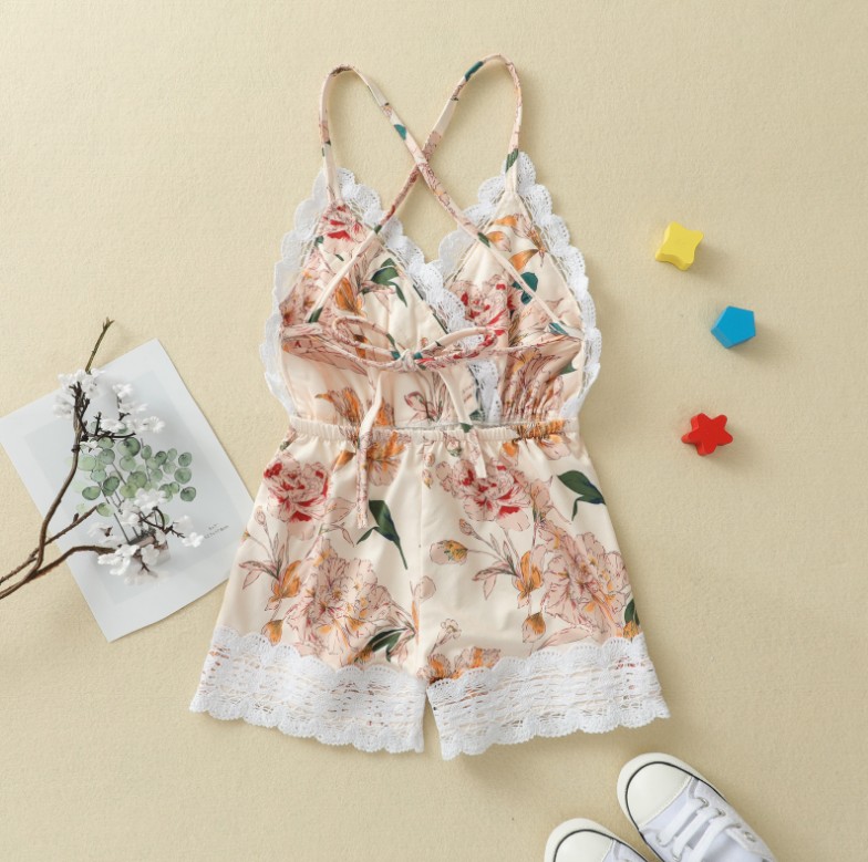 

baby girls lace romper 2021 kids flower printed Spaghetti Strap jumpsuit sweet children Backless one-piece clothing toddler onesie S1254, Customize