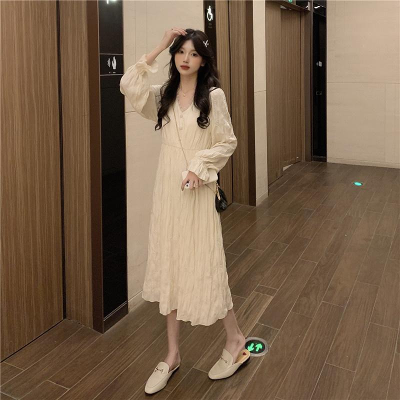 

Casual Dresses Large Size Women's Autumn Sweet Super Fairy Mid-length Dress Fat Sister Mm Slimming Wooden Ear Younger Princess, White