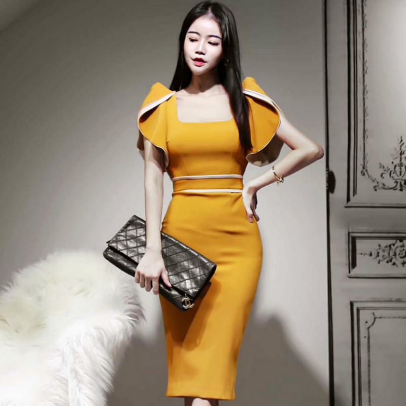 

2020 Spring Short Butterfly Sleeve High Waist Yellow Women Dresses Pencil Bodycon Midi Sexy Party Cloth, Black;gray