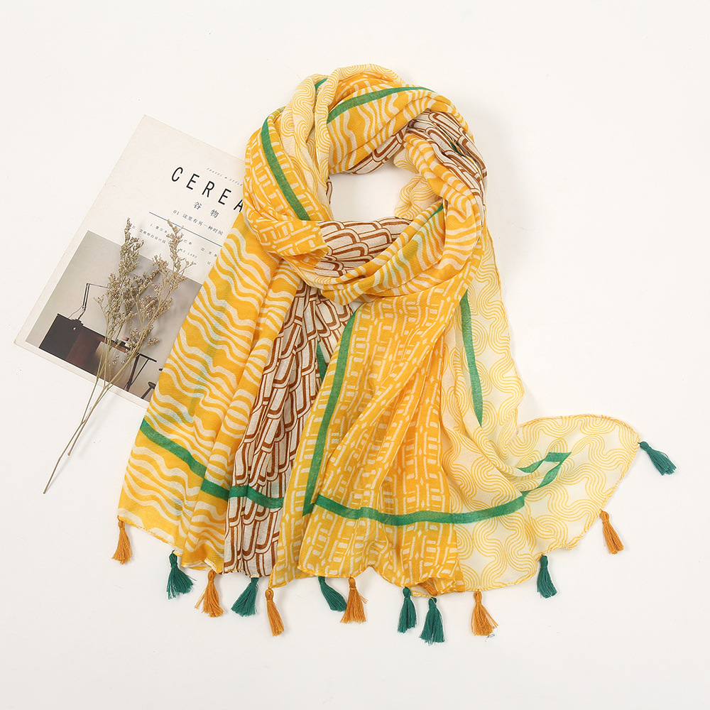 

Shawls Cross-Border New Arrival Cotton Linen Feel Multi-Purpose Sunscreen Beach Towel Womens Simple Atmospheric Geometric Circle Scarf No