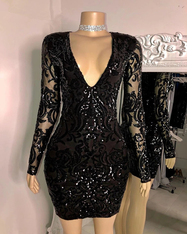 Sexy V Neck Sheath Formal Evening Dresses Long Sleeve Knee Length Black Bury Sequins Plus Size Prom Party Gowns Custom Made