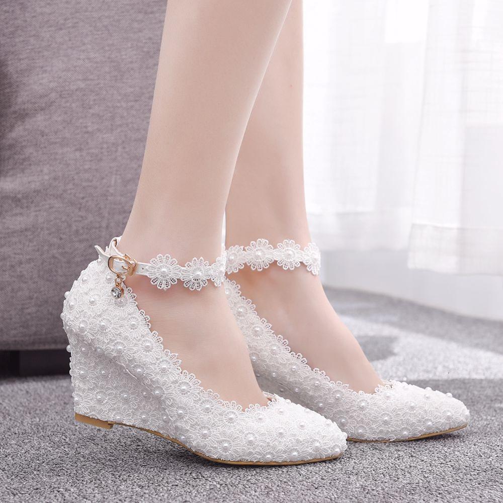 

Sandals Pearl lace sexy wedge high heels women fashion shallow mouth buckle banquet dress pointed shoes bride bridesmaid wedding O, Pink