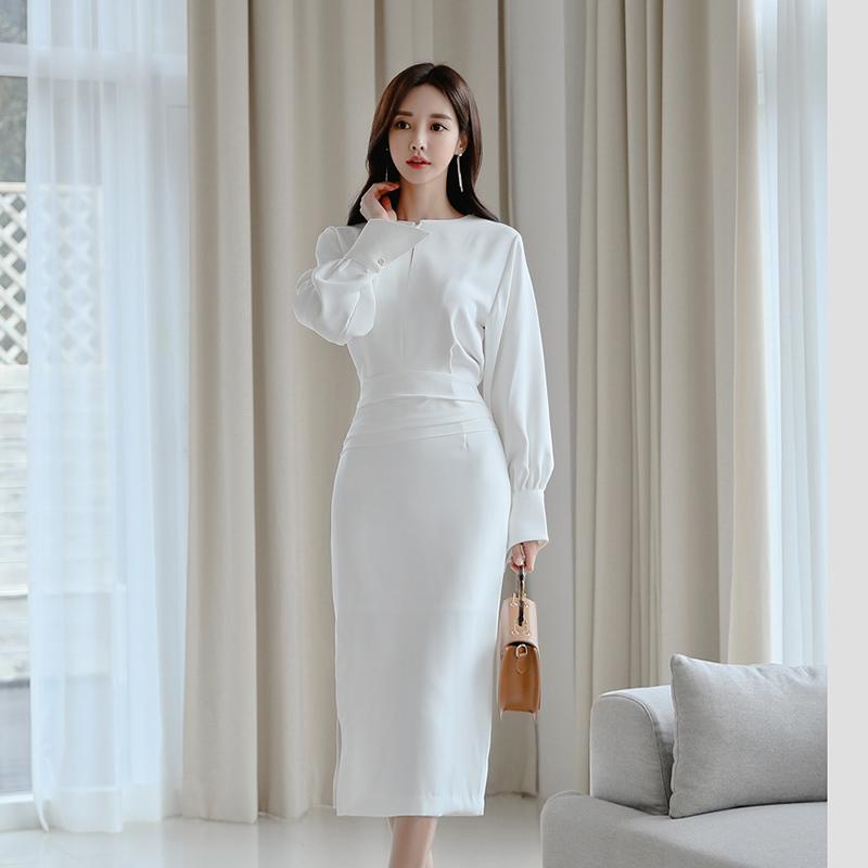 

Casual Dresses 2021 Elegant Ladies Office Solid Color Bag Hip Slit Midi Dress Fashion Sexy Lantern Sleeve Women OL Slim Vestidos, White
