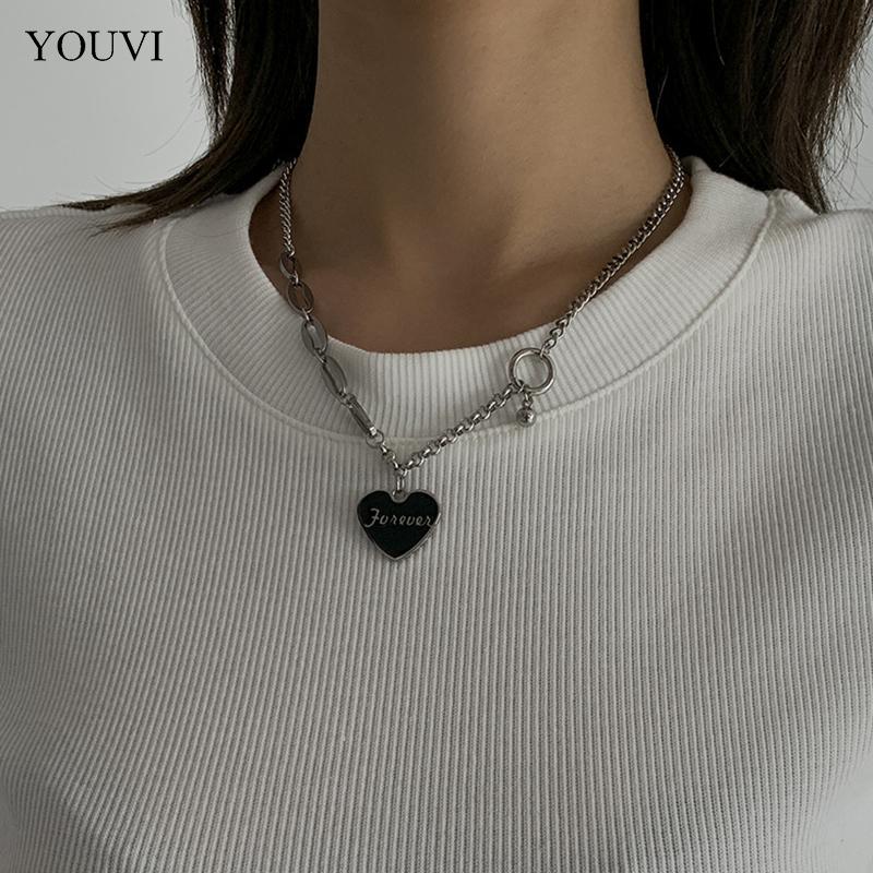 

Chains YOUVI Goth Heart Stainless Steel Chain Necklace For Women Hip Hop Fashion Vintage Foever Lovers Long Jewelry, Silver