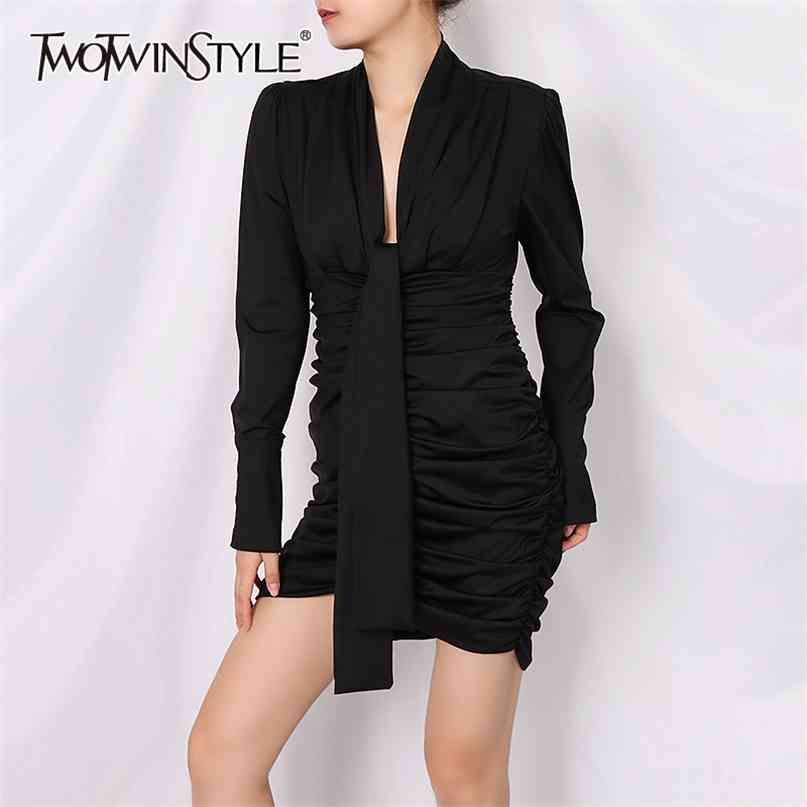 

Black ruched Dress Women V Neck Long Sleeve High Waist Patchwork Minimalist Dresses Female Fashion Clothes 210520