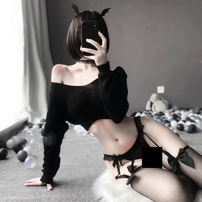 

Cute Lingerie Angel Cosplay Costumes Kawaii Lolita Demon Uniform Sexy V-neck Ultra Short Knitted Sweater Pajamas Set for Women, Red