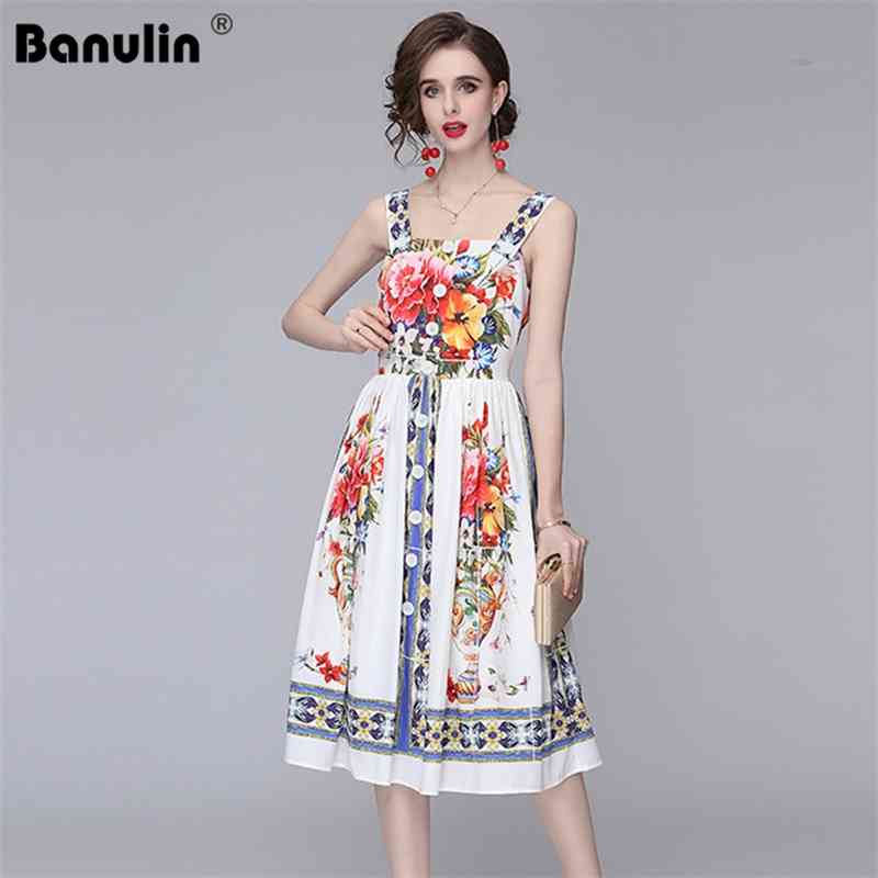 

Banulin est Summer Dress Buttons Spaghetti Strap Colorful Vase Print Elegant Knee-Length Women Vestidos N61559 210603, The picture color
