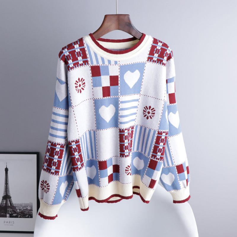 

Women' Sweaters Autumn Spring Women Sweet Knitted Sweater Casual Fashion Patchwork Loose Plaid Cartoon Heart Puff Long Sleeve O-Neck Pullov, As picture