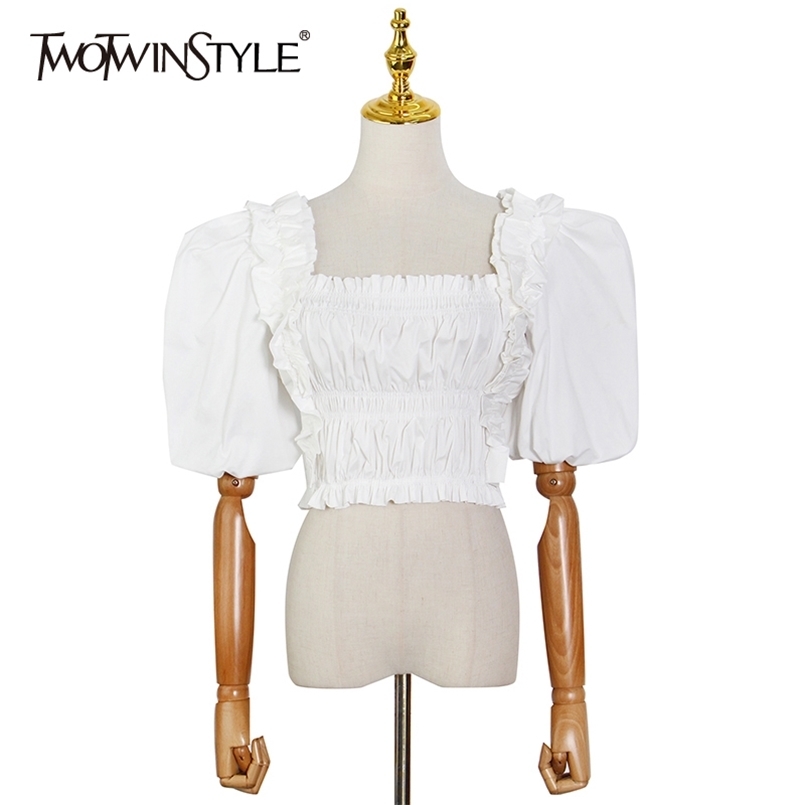 

Elegant Ruched Short Shirt For Women Square Collar Puff Sleeve Tunic Solid Blouse Female Fashion Summer 210524, Rosered