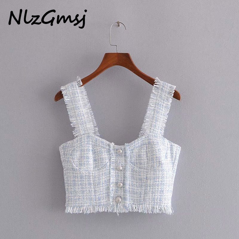 

Nlzgmsj Za Women 2021 Fashion With Buttons Frayed Tassel Tweed Cropped Blouses Vintage Backless Zipper Female Shirts Chic Tops, As picture