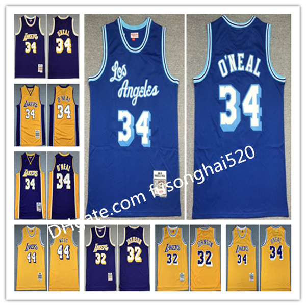 

Men Mitchell and Ness Basketball Jerseys 32 Johnson 34 Shaquille ONeal O Neal 44 Jerry West Yellow Purple Blue Team Color Throwback Vint, Black;red